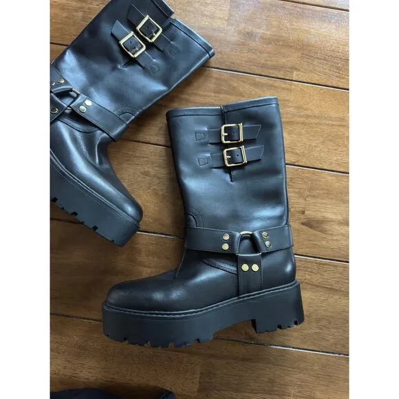 MARC FISHER Dorset Black Lug Moto Platform Boots Size 8.5