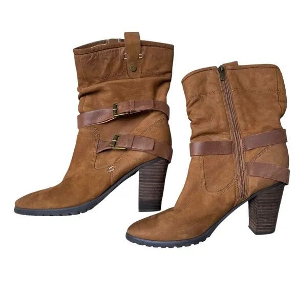 Marc Fisher Famous Brown Leather Slouch Boots 9 Block Heel Western Boho Cowgirl