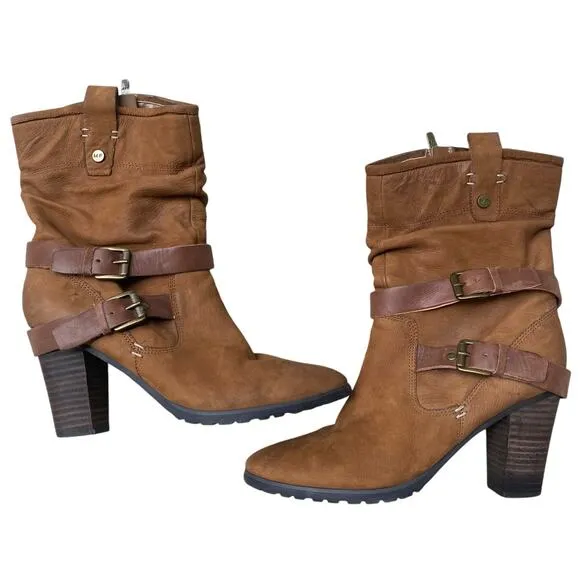 Marc Fisher Famous Brown Leather Slouch Boots 9 Block Heel Western Boho Cowgirl