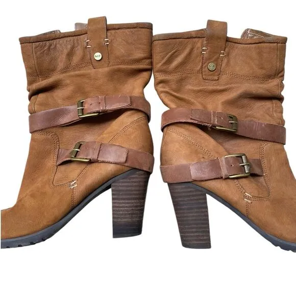 Marc Fisher Famous Brown Leather Slouch Boots 9 Block Heel Western Boho Cowgirl