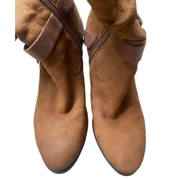Marc Fisher Famous Brown Leather Slouch Boots 9 Block Heel Western Boho Cowgirl