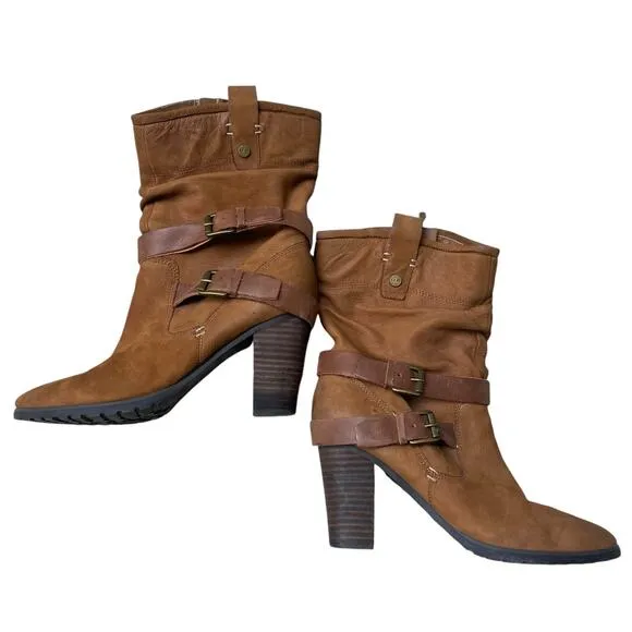 Marc Fisher Famous Brown Leather Slouch Boots 9 Block Heel Western Boho Cowgirl