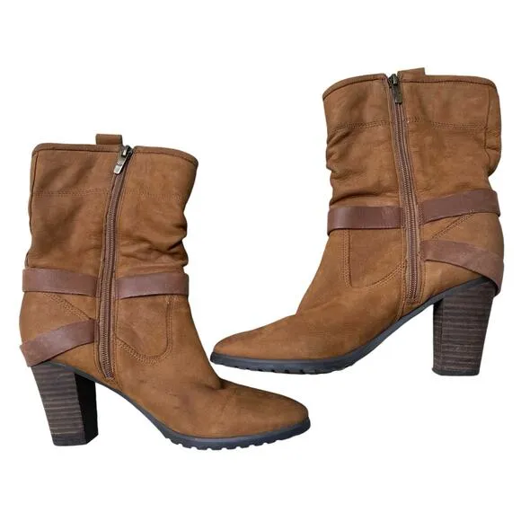 Marc Fisher Famous Brown Leather Slouch Boots 9 Block Heel Western Boho Cowgirl
