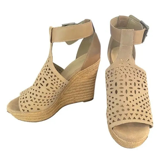 Marc Fisher Hasina suede platform espadrille wedge sandals tan Size 7