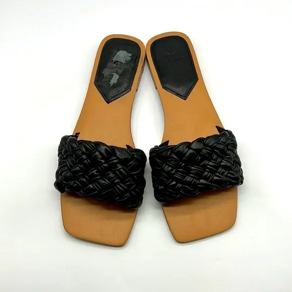 Marc Fisher - Reanna Black Leather Woven Flat Slide Open Toe Sandal Size 9.5