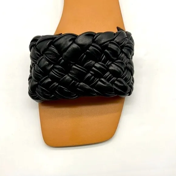 Marc Fisher - Reanna Black Leather Woven Flat Slide Open Toe Sandal Size 9.5