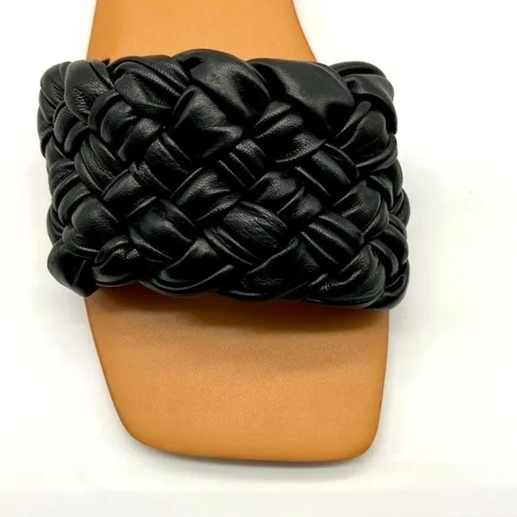 Marc Fisher - Reanna Black Leather Woven Flat Slide Open Toe Sandal Size 9.5