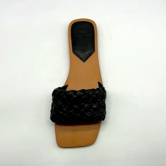 Marc Fisher - Reanna Black Leather Woven Flat Slide Open Toe Sandal Size 9.5