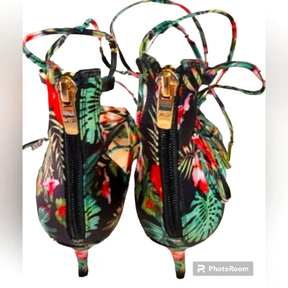 MARC FISHER Size 9 Strappy Wrap Ankle High Heel Sandals Black Colorful Tropical
