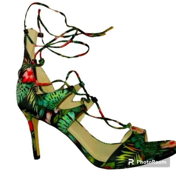 MARC FISHER Size 9 Strappy Wrap Ankle High Heel Sandals Black Colorful Tropical
