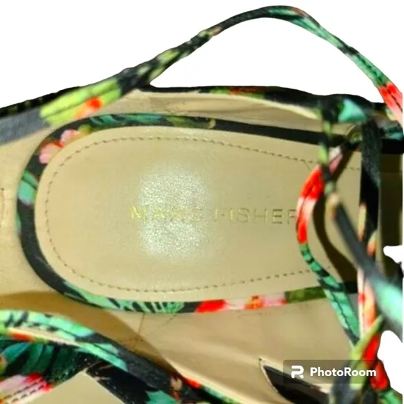 MARC FISHER Size 9 Strappy Wrap Ankle High Heel Sandals Black Colorful Tropical