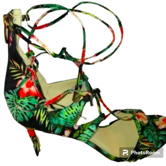 MARC FISHER Size 9 Strappy Wrap Ankle High Heel Sandals Black Colorful Tropical