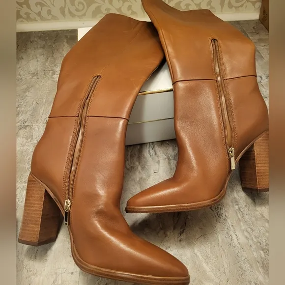 Marc Fisher Tan Heeled Boots with Chunky Block Heel