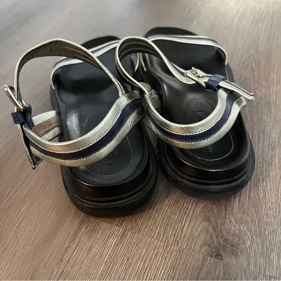 Marni | Summer Camp Fussbett Sandals | Silver/Blue Metallic Leather | Size 7.5