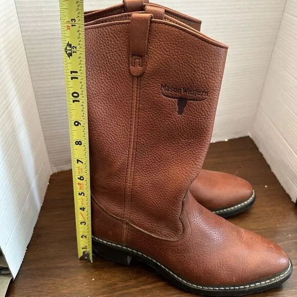 Mason Western Work Boots Men 11.5 B Brown Leather Mid-Calf Cowboy Western Oil Re