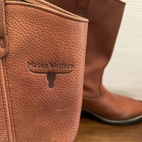 Mason Western Work Boots Men 11.5 B Brown Leather Mid-Calf Cowboy Western Oil Re