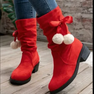 Match Sweater Dress,Women's Mid-Calf Boots, Red High Heel Round Toe Fluffy Pom P