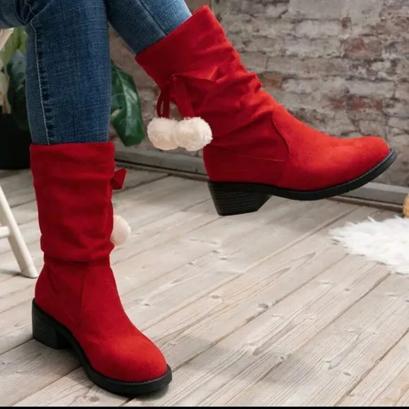 Match Sweater Dress,Women's Mid-Calf Boots, Red High Heel Round Toe Fluffy Pom P
