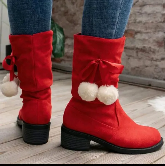 Match Sweater Dress,Women's Mid-Calf Boots, Red High Heel Round Toe Fluffy Pom P