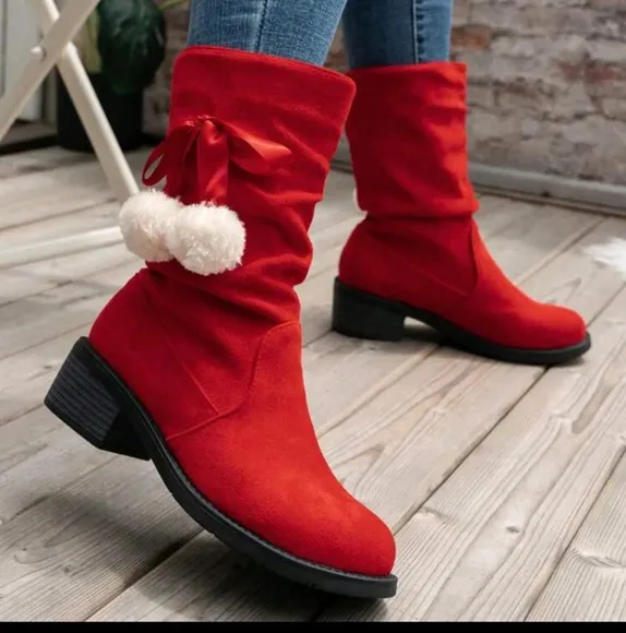 Match Sweater Dress,Women's Mid-Calf Boots, Red High Heel Round Toe Fluffy Pom P