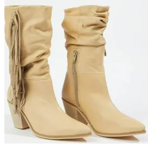 MATISSE BRIN FRINGE MID-CALF WESTERN LEATHER BOOTS SNIP TOE VANILLA SIZE 8