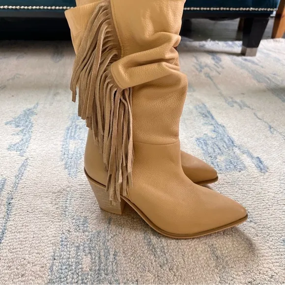 MATISSE BRIN FRINGE MID-CALF WESTERN LEATHER BOOTS SNIP TOE VANILLA SIZE 8