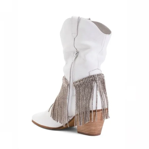 Matisse Leather Dolly Western Boot White &amp; Metallic Fringe Detail Women’s 6.5