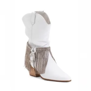 Matisse Leather Dolly Western Boot White &amp; Metallic Fringe Detail Women’s 6.5