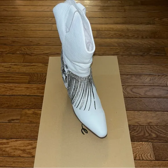 Matisse Leather Dolly Western Boot White &amp; Metallic Fringe Detail Women’s 6.5