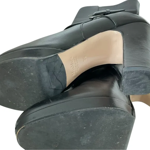 Max Mara Black Leather Boots Buckle Zip Straps Chunky Platform Heels Size 36