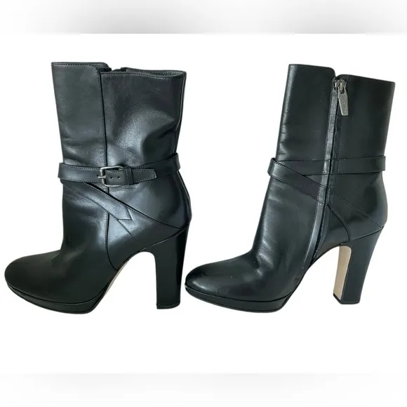 Max Mara Black Leather Boots Buckle Zip Straps Chunky Platform Heels Size 36