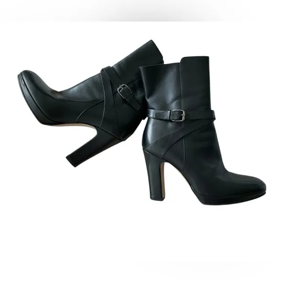 Max Mara Black Leather Boots Buckle Zip Straps Chunky Platform Heels Size 36