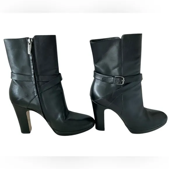 Max Mara Black Leather Boots Buckle Zip Straps Chunky Platform Heels Size 36