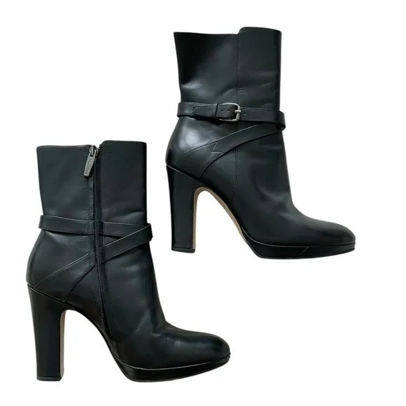 Max Mara Black Leather Boots Buckle Zip Straps Chunky Platform Heels Size 36