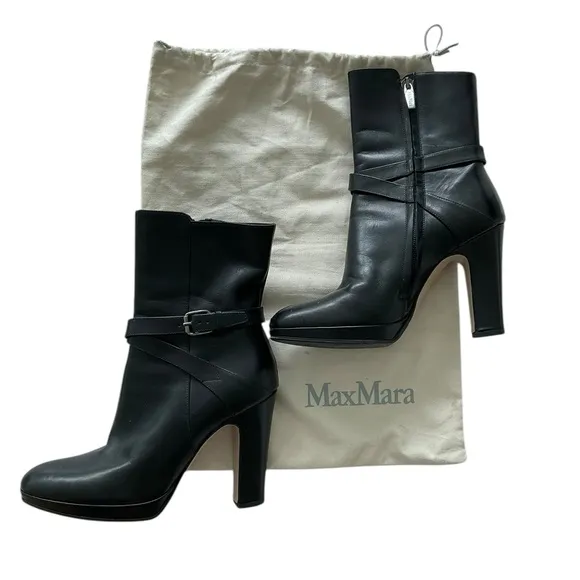 Max Mara Black Leather Boots Buckle Zip Straps Chunky Platform Heels Size 36