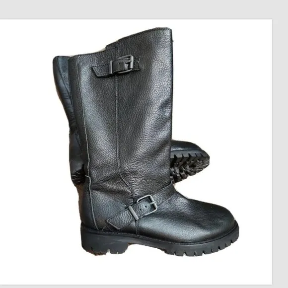 MaxMara Namur Leather Moto Mid-Calf Pull On Boots Lug Soles
