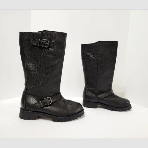 MaxMara Namur Leather Moto Mid-Calf Pull On Boots Lug Soles