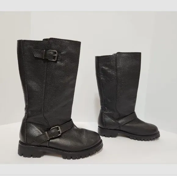 MaxMara Namur Leather Moto Mid-Calf Pull On Boots Lug Soles