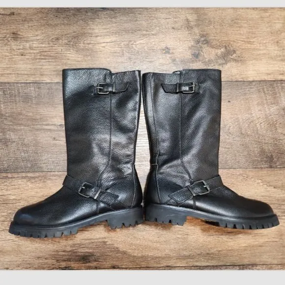 MaxMara Namur Leather Moto Mid-Calf Pull On Boots Lug Soles