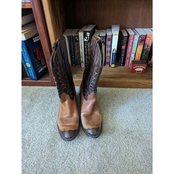 Men’s 8.5D Brown Leather Western Cowboy Boots Pointed Toe Mid Calf Shaft