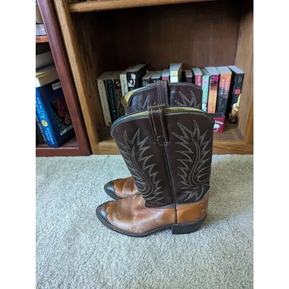 Men’s 8.5D Brown Leather Western Cowboy Boots Pointed Toe Mid Calf Shaft
