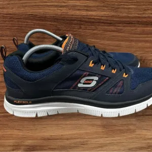 Men’s Skechers Navy &amp; Orange Mesh S Logo Lightweight Running Sneakers, Size 12.