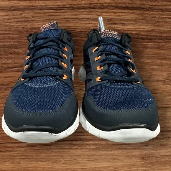 Men’s Skechers Navy &amp; Orange Mesh S Logo Lightweight Running Sneakers, Size 12.