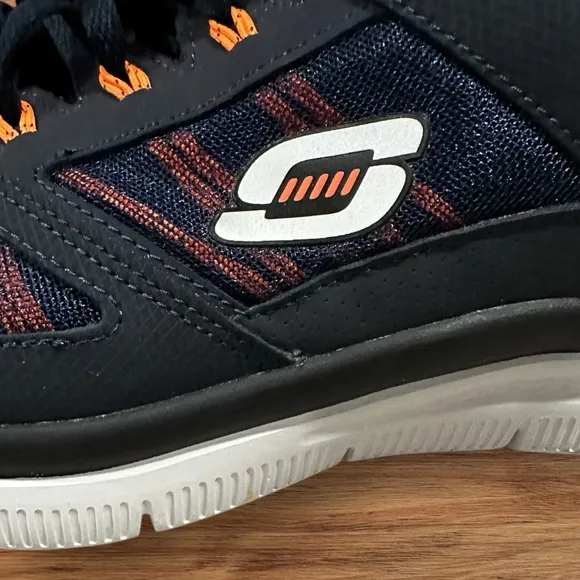 Men’s Skechers Navy &amp; Orange Mesh S Logo Lightweight Running Sneakers, Size 12.