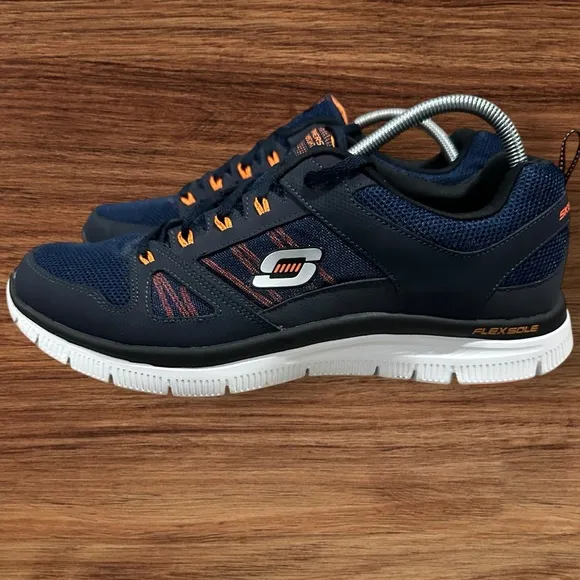 Men’s Skechers Navy &amp; Orange Mesh S Logo Lightweight Running Sneakers, Size 12.