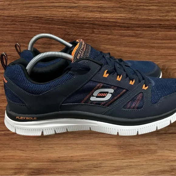 Men’s Skechers Navy &amp; Orange Mesh S Logo Lightweight Running Sneakers, Size 12.