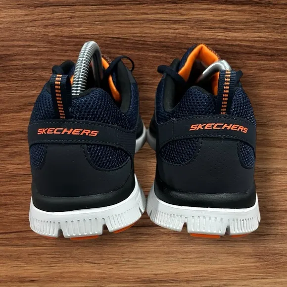 Men’s Skechers Navy &amp; Orange Mesh S Logo Lightweight Running Sneakers, Size 12.