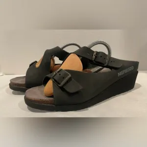 MEPHISTO Mobile Air Black Nubuck Buckle Wedge Sandals Women’s Size 8 (38)