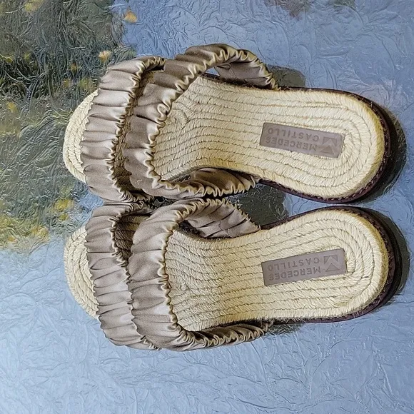 Mercedes Castillo &quot;MARCELA&quot; ESPADRILLE FLAT SANDAL 2 BAND GREY SATIN Silk Slides