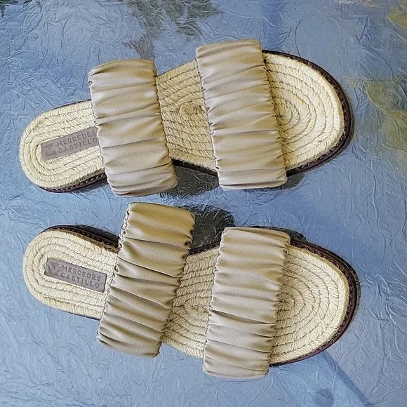 Mercedes Castillo &quot;MARCELA&quot; ESPADRILLE FLAT SANDAL 2 BAND GREY SATIN Silk Slides